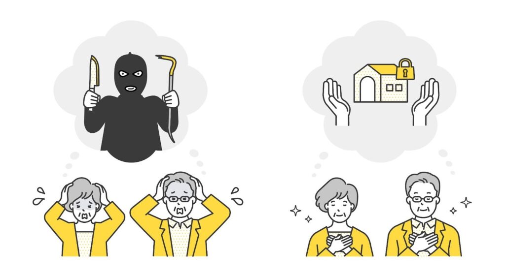 防犯対策による不安の解消をテーマにしたビフォーアフター型の防犯イラスト