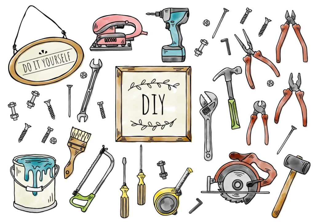 DIYやリフォームで使う工具の手書き風イラストセット（ペンキ、ハンマーなど）