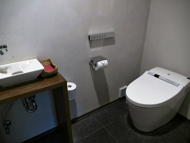 コンクリート調の壁とダークグレーの床タイルで仕上げた、シンプルでミニマルなスタイリッシュトイレの施工事例