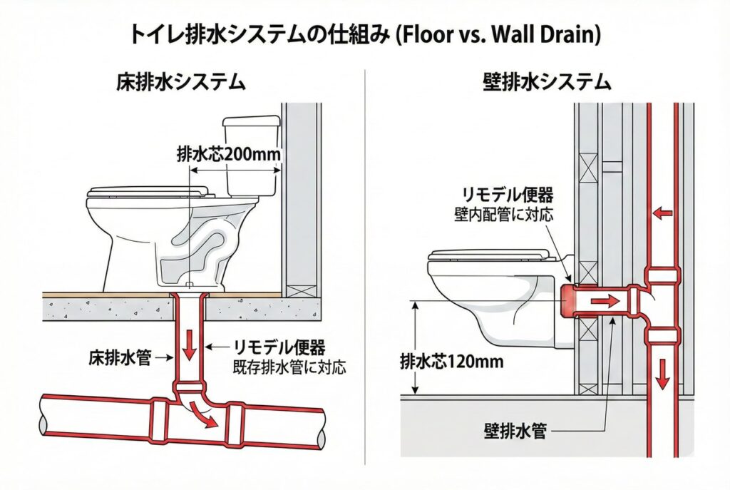 トイレの床排水と壁排水の違いを図解したイラスト。便器交換時に追加費用が発生する排水方式の違いを解説