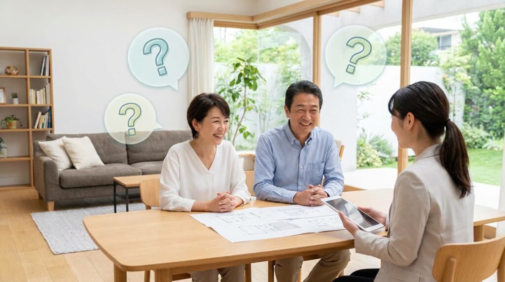 トイレの交換リフォームについて、図面を見ながら業者に相談する施主夫婦