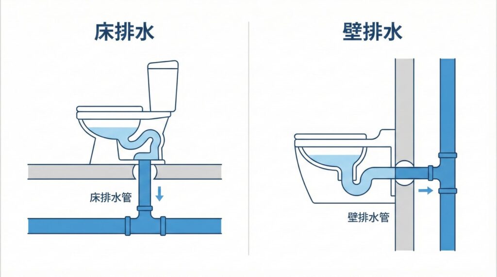 床排水と壁排水の構造を理解するための図解画像