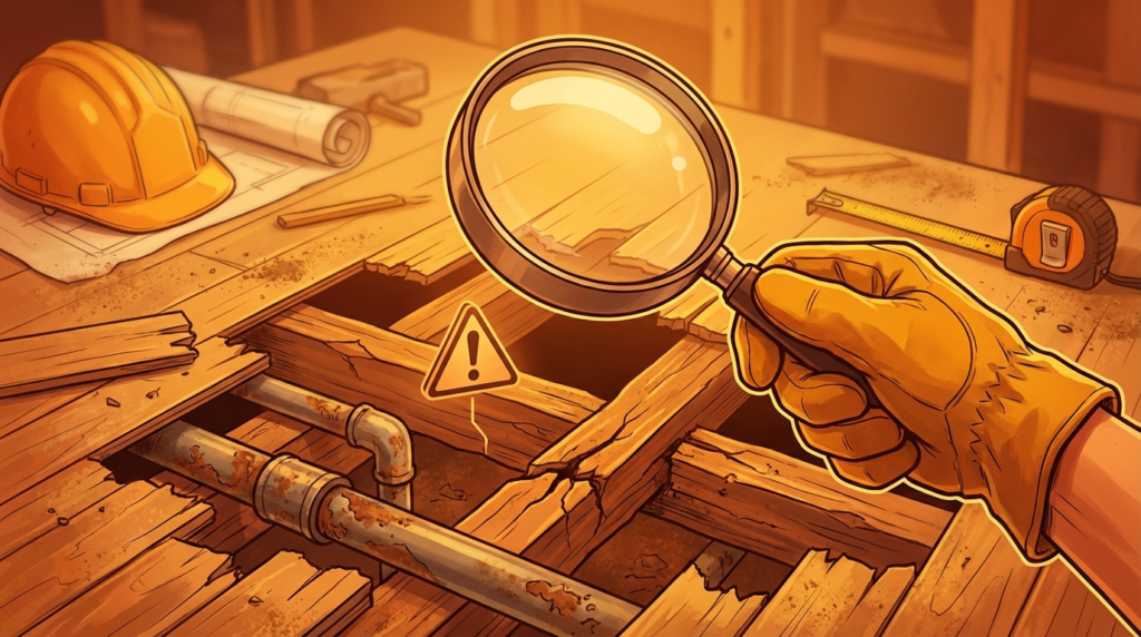 ユニットバス交換で追加費用が発生しやすいケースのイメージ(床下の劣化や配管の不具合を点検している様子)
