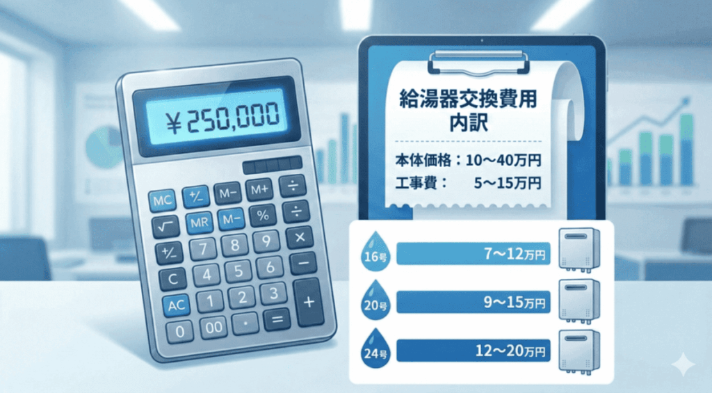 給湯器交換費用の内訳と依頼先選びを解説するための料金シミュレーションイメージ