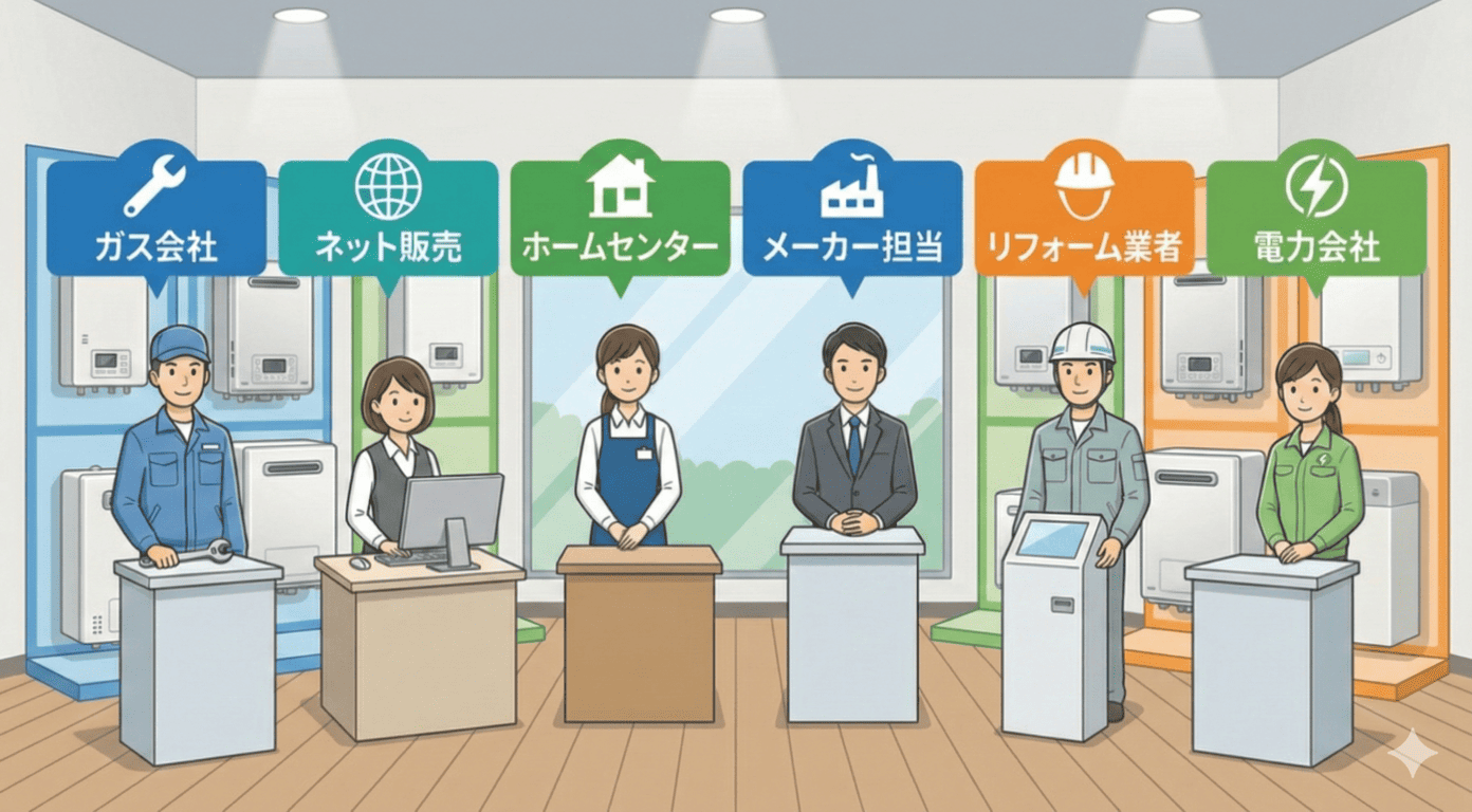 給湯器交換はどこに頼むべきかを解説するためのガス会社・ホームセンター・リフォーム業者などの比較イメージ