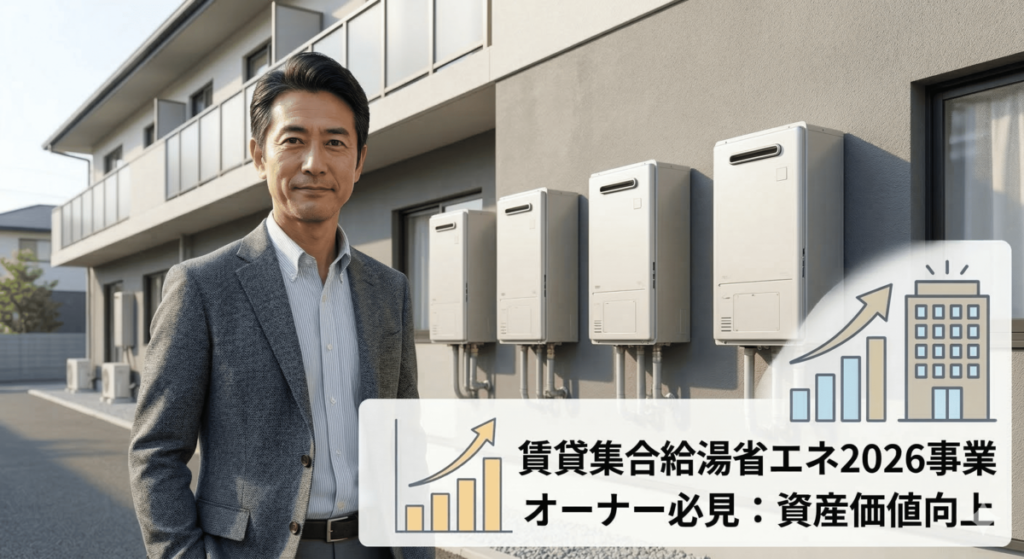賃貸集合住宅のオーナー向けに「賃貸集合給湯省エネ2026事業」を解説するアイキャッチ画像。アパートの外壁に並ぶ複数の給湯器と、資産価値向上を確信するオーナーのイメージ。