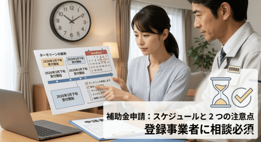 2026年3月下旬の受付開始スケジュールと申請の注意点を解説するアイキャッチ画像。登録事業者の担当者が女性に申請フローを説明している様子と、「登録事業者に相談必須」という重要事項の案内