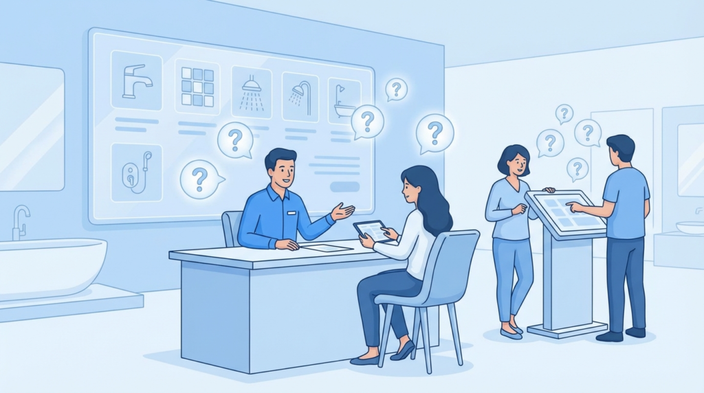 お風呂のショールームを訪れて、担当者に質問をしている男女を表したイラスト。