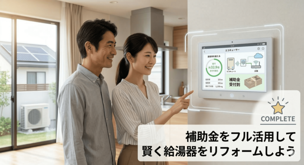 補助金をフル活用して賢く給湯器をリフォームしよう」というメッセージ。最新の給湯器リフォームを完了(COMPLETE)させた夫婦が、壁のリモコン画面を見ている様子。