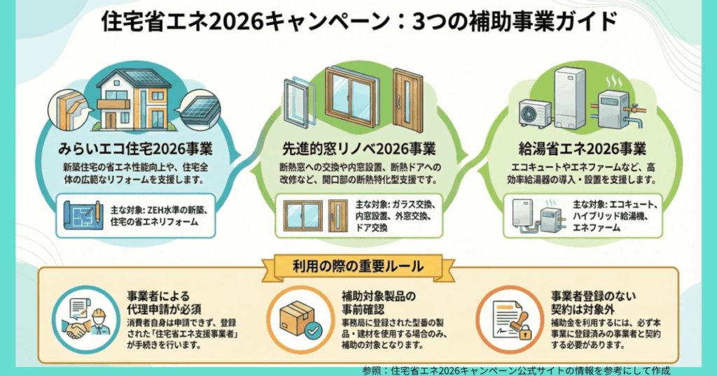 住宅省エネ2026キャンペーンの3つの補助事業ガイド図解。「みらいエコ住宅2026事業」「先進的窓リノベ2026事業」「給湯省エネ2026事業」の各対象と、登録事業者による代理申請必須などの重要ルールをまとめたインフォグラフィック。