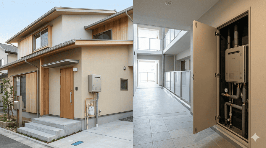 戸建ての外壁設置型とマンションのパイプスペース設置型の給湯器の比較
