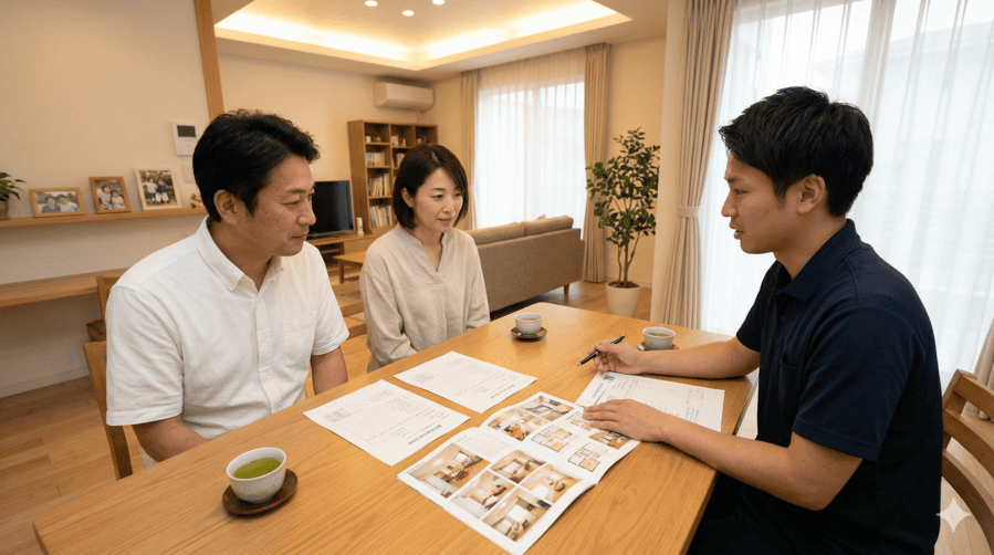 給湯器交換の依頼先を比較するために自宅で専門スタッフの説明を聞く夫婦