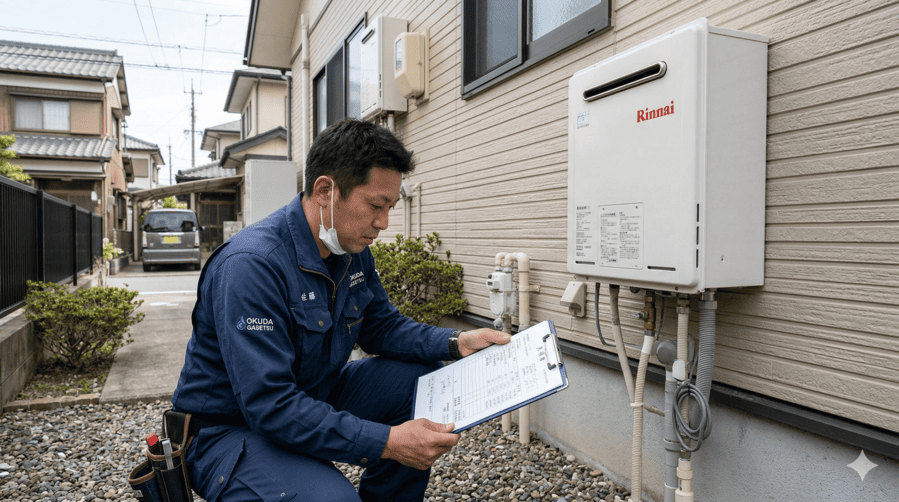 給湯器交換の施工前に屋外で点検を行う専門スタッフの様子