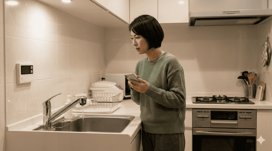 給湯器の故障でお湯が出ず、スマホで解決策やよくある質問を調べる女性