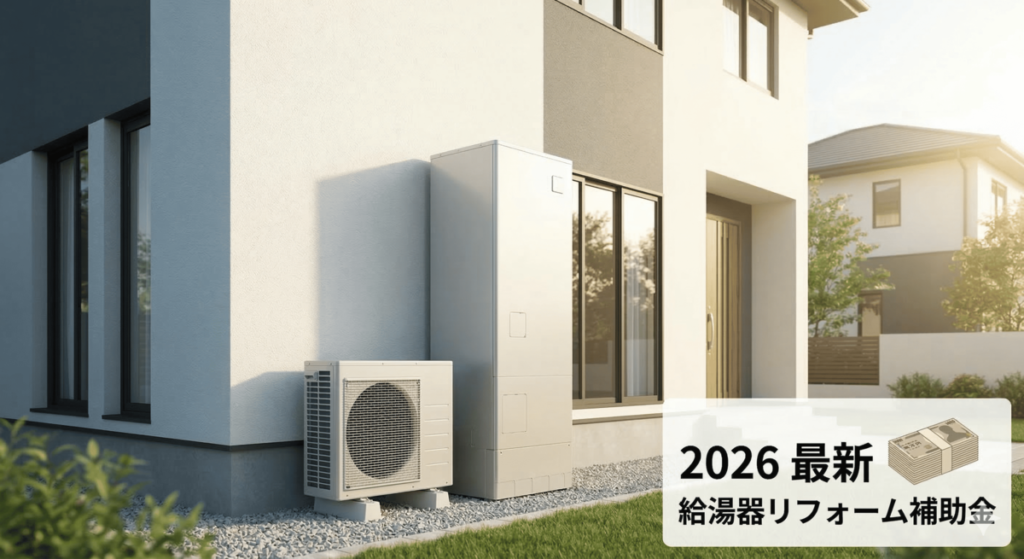2026年 給湯器リフォーム補助金の案内。省エネ性能の高いエコキュート設置と住宅の外観。
