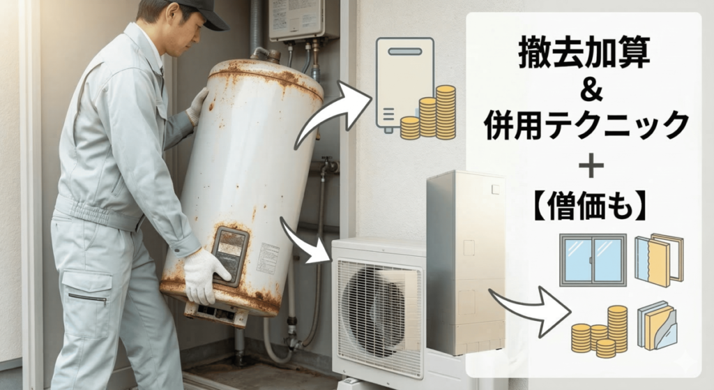 2026年給湯器補助金の解説画像。古いタンクの撤去風景と、撤去加算、窓・壁の断熱リフォームアイコン、コインのイラストによるお得な併用術の案内。