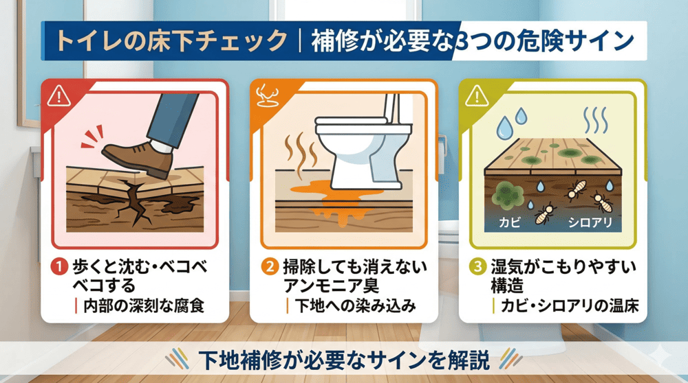 トイレの床下チェック。補修が必要な3つの危険サインの図解。1.歩くと沈む・ベコベコする(内部の腐食)、2.掃除しても消えないアンモニア臭(下地への染み込み)、3.湿気がこもりやすい構造(カビ・シロアリの温床)。