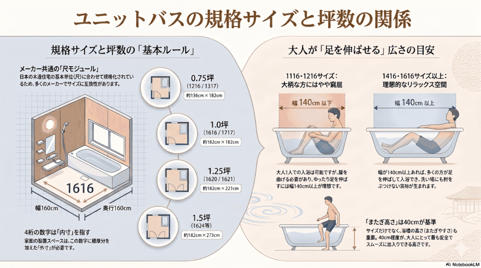 ユニットバスの規格サイズと坪数表記の関係を表すインフォグラフィック