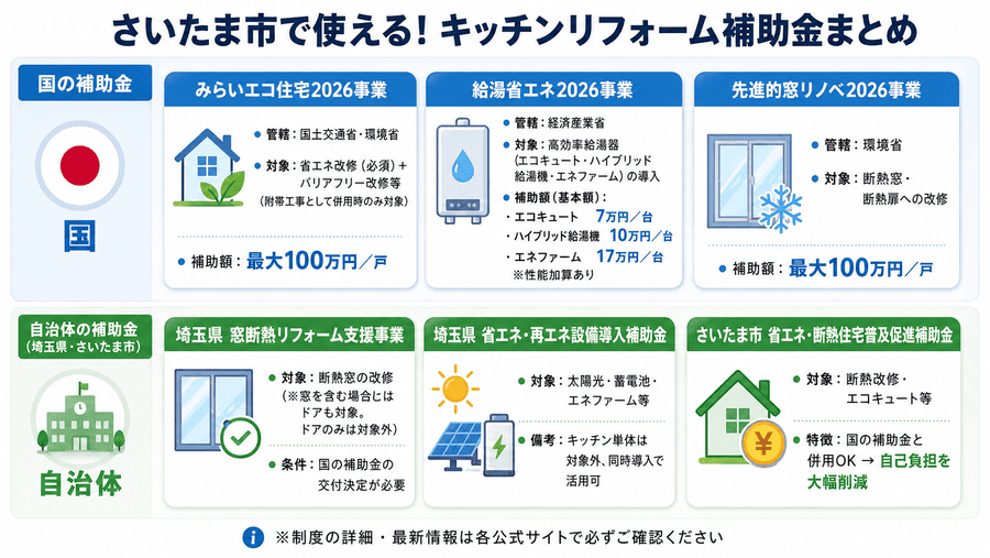 さいたま市で使えるキッチンリフォーム補助金まとめ|国の補助金(みらいエコ住宅2026・給湯省エネ2026・先進的窓リノベ2026)と自治体補助金(埼玉県・さいたま市)の一覧図
