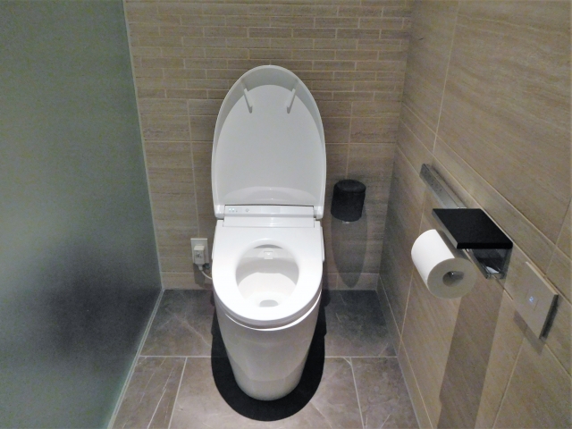 壁面にベージュのエコカラットを施工し、ホテルライクで高級感のある空間に仕上げた洋式トイレの施工事例。